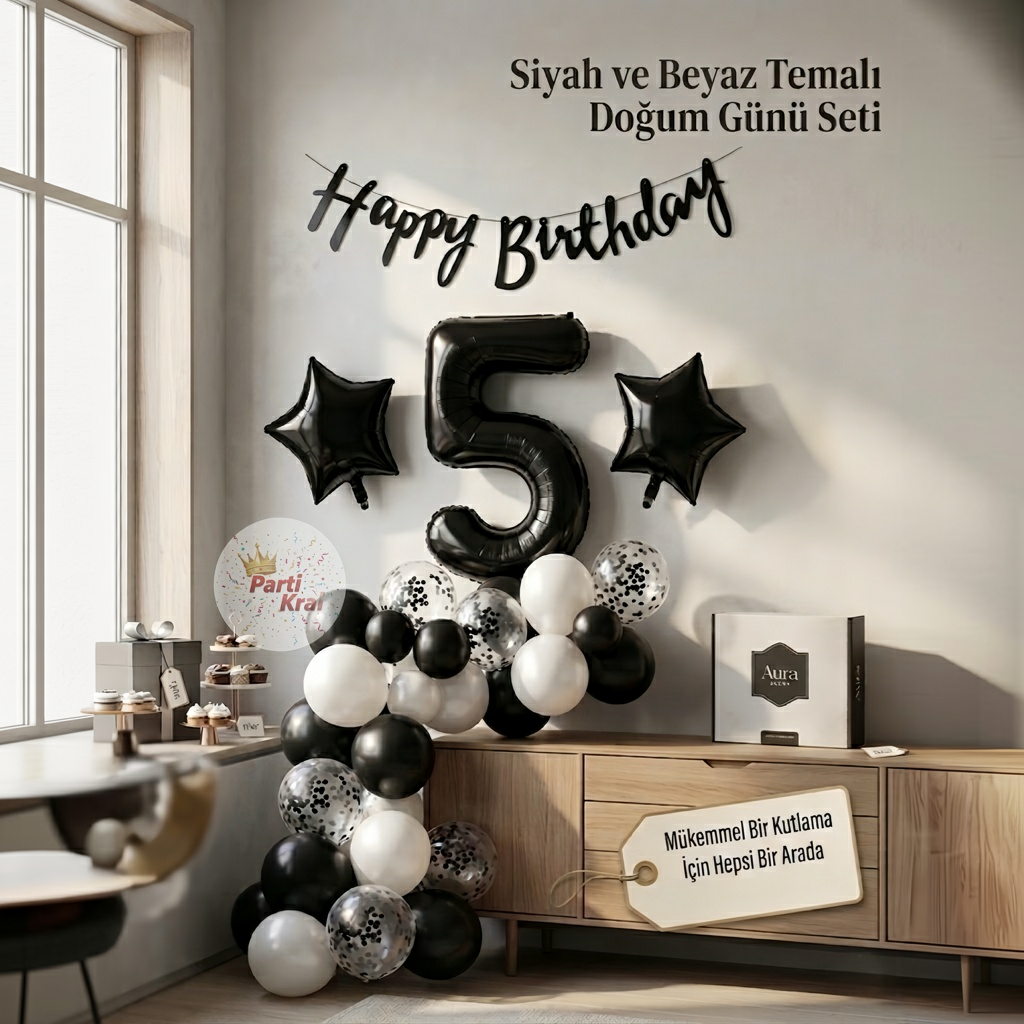 Siyah Beyaz Temalı Doğum Günü Seti