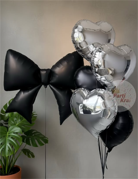Siyah Fiyonk Kalp Balon Seti