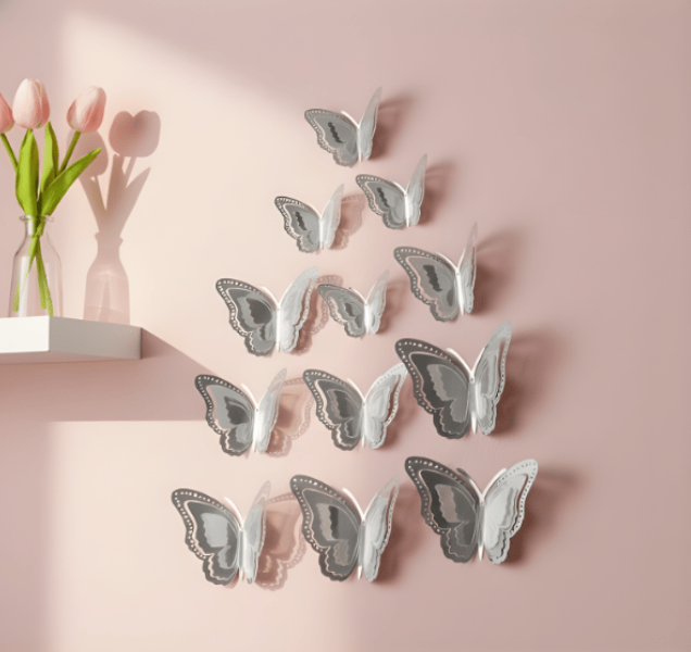 3D GÜMÜŞ KELEBEK SÜS (12 ADET)