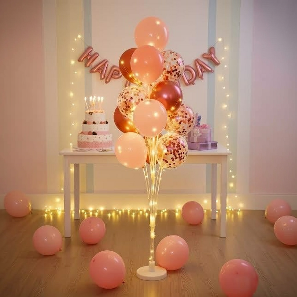 Led Işıklı Pembe & Şeffaf 13 lü Balon Standı Seti