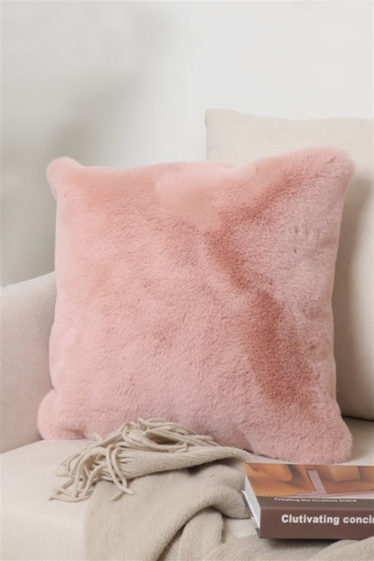 Minihome Peluş Tavşan Tüyü Kırlent Kılıfı Pudra Pembe