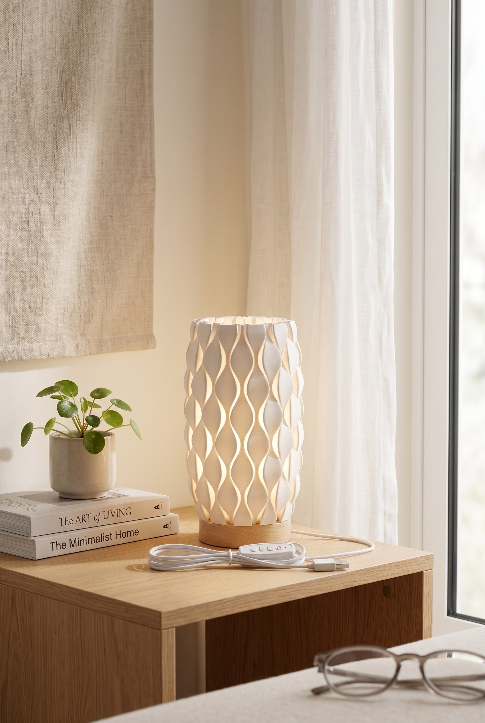  Minihome Dalga Desenli Ahşap Tabanlı Masa Lambası