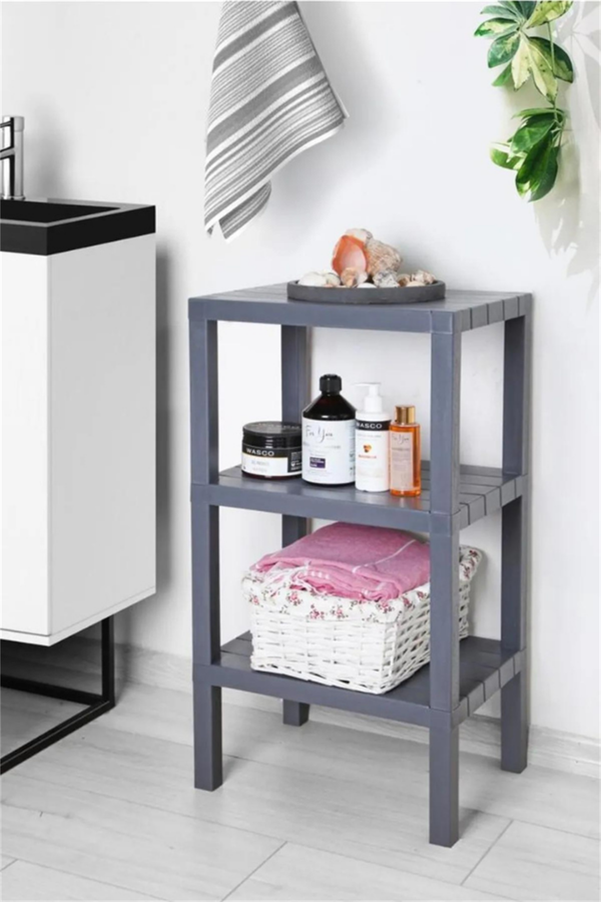 Minihome 3 Katlı Çok Amaçlı Dekoratif Raf Antrasit Gri
