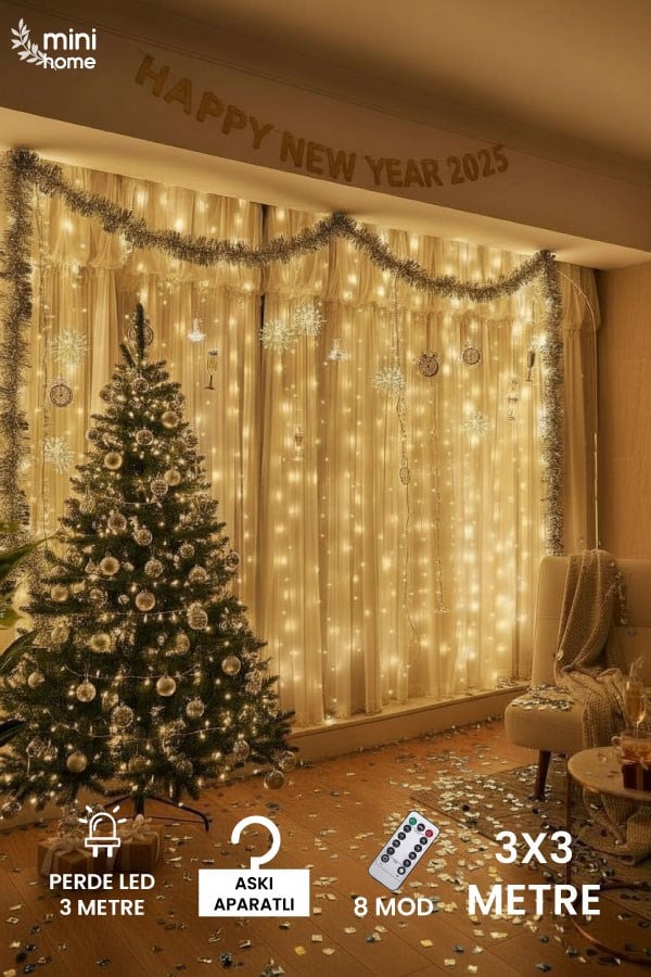 MiniHome 300 Ledli 10 Sarkıt Perde Led Işık 8 Fonksiyon  Uzaktan Kumandalı  3x3 Metre