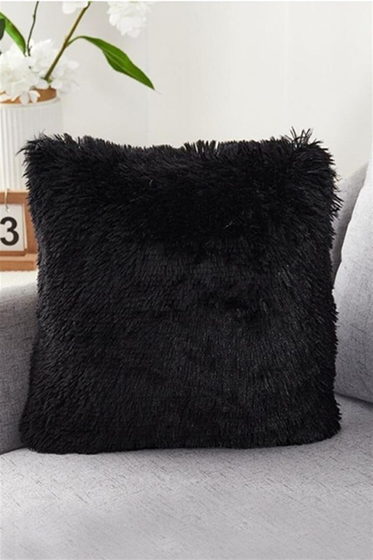 Minihome Fluffy Peluş Kırlent Kılıfı Siyah