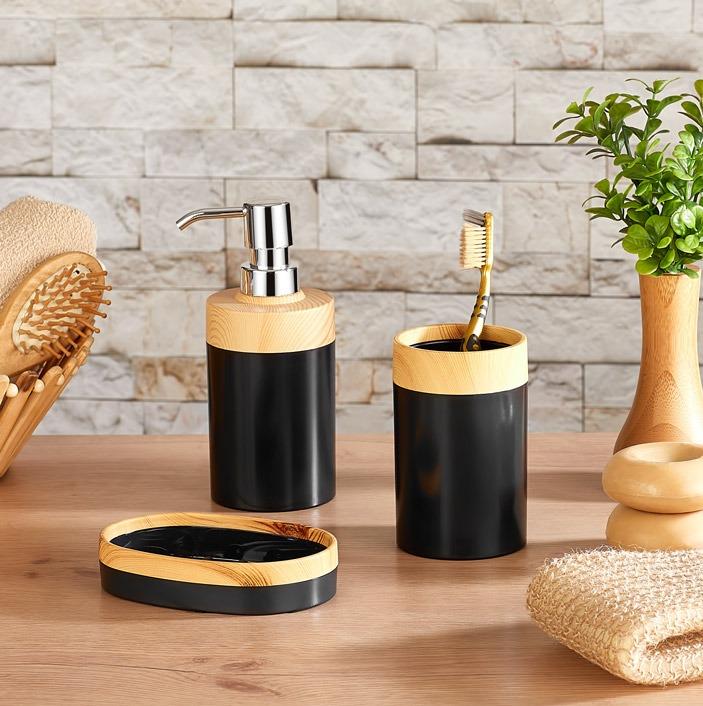 Minihome Limpia Bambu Görünümlü 3'lü Banyo Seti Siyah