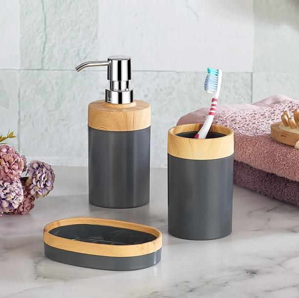 Minihome Limpia Bambu Görünümlü 3'lü Banyo Seti Antrasit
