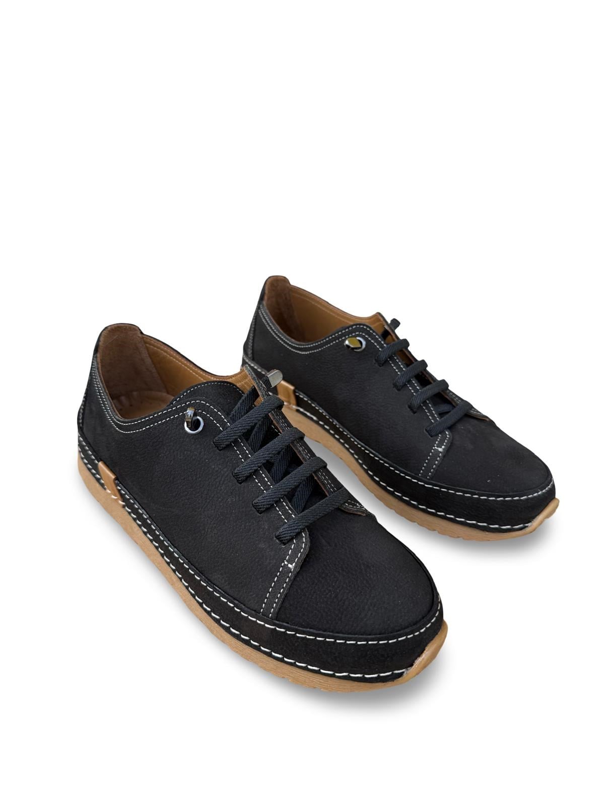 Bty262RC1 Hakiki Deri Kadın Comfort Taban Casual Ayakkabı Siyah Nubuk