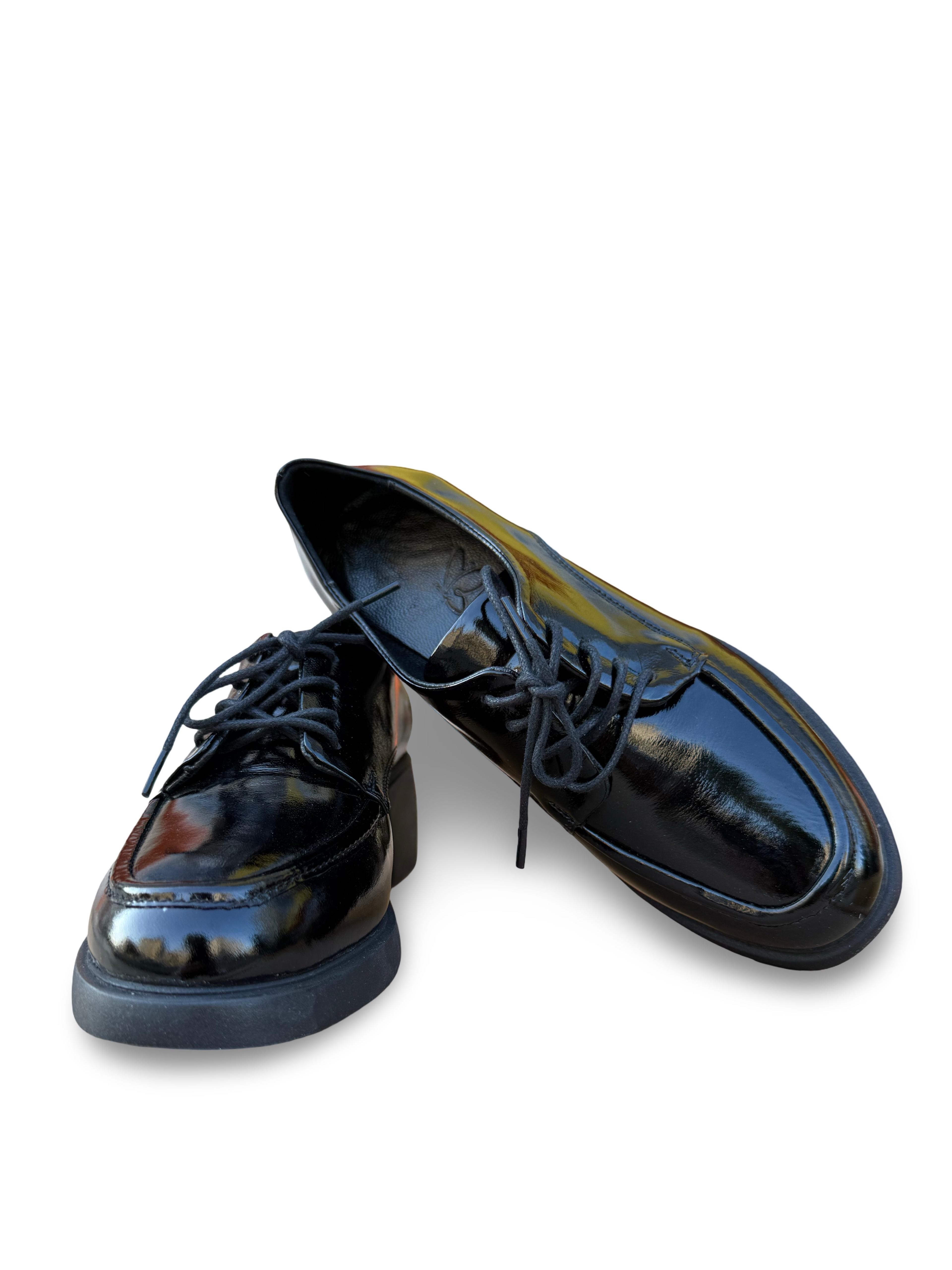 Yalınayak Bty04654 Hakiki Deri Kadın Topuklu Klasik Loafer Ayakkabı Siyah Rugan
