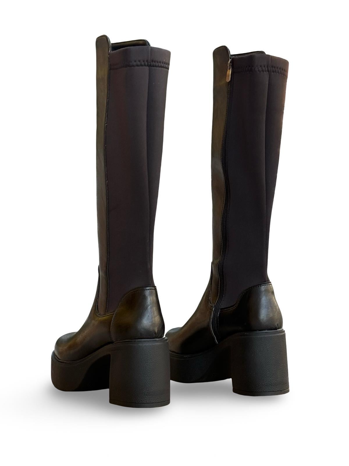 Yalınayak Bty108014 Platform Topuk Kadın Streç Çizme Siyah Cilt