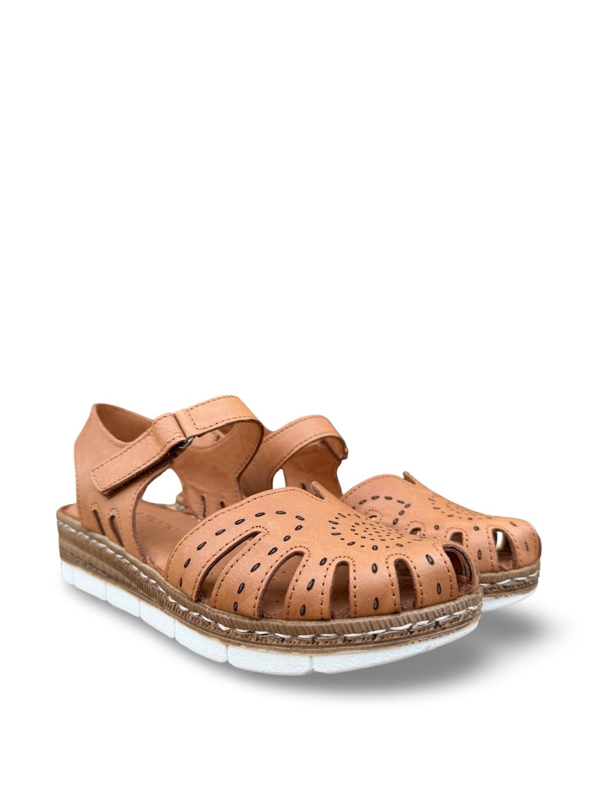 Yalınayak C22380 Hakiki Deri Kadın Comfort Taban Sandalet Taba