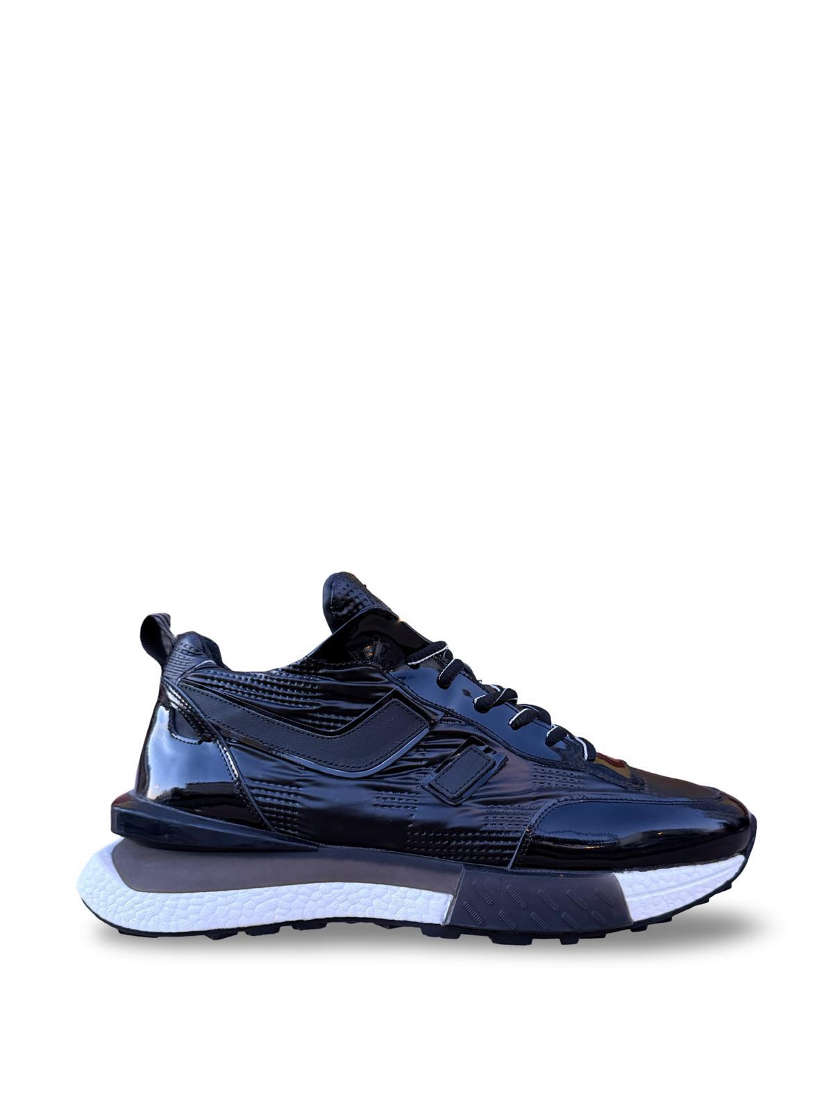 Yalınayak M18344 Hakiki Deri Paraşüt Kumaş Detaylı Erkek Sneaker Siyah Rugan