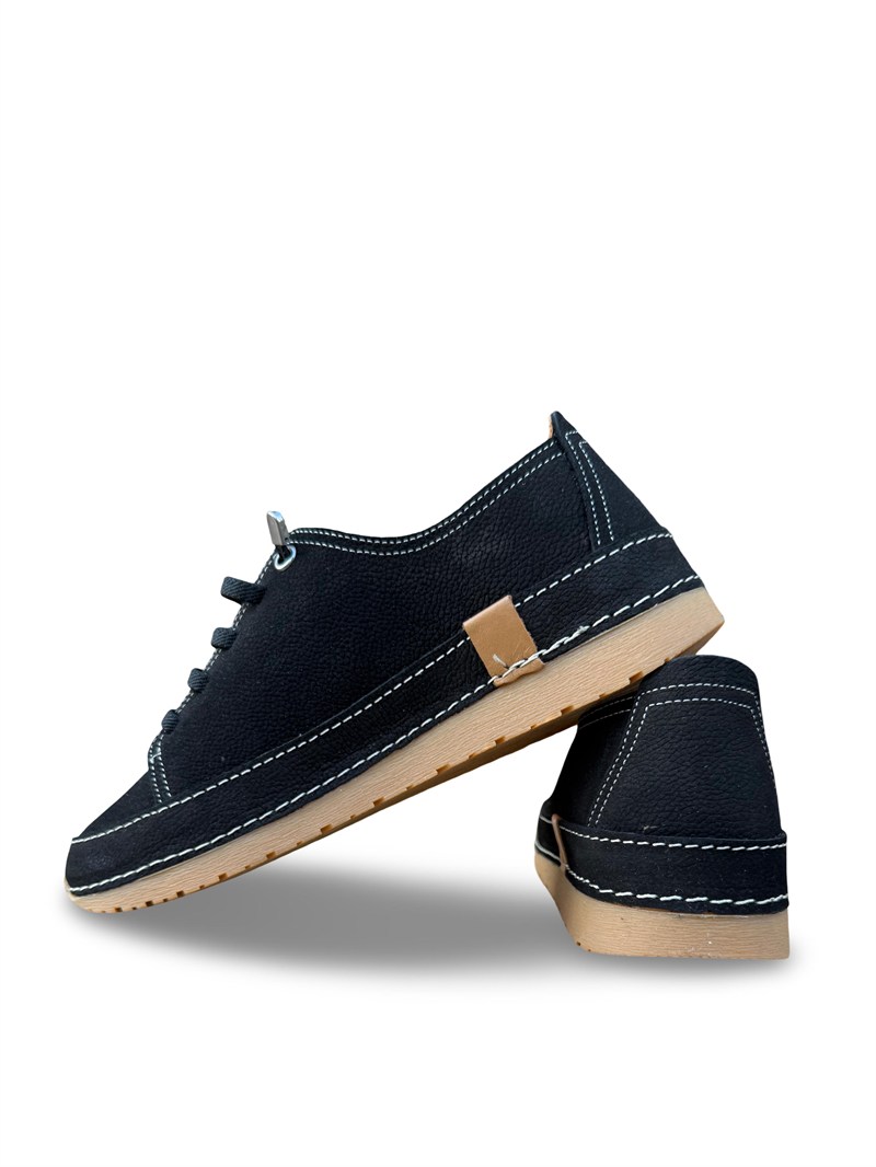 Bty262RC1 Hakiki Deri Kadın Comfort Taban Casual Ayakkabı Siyah Nubuk