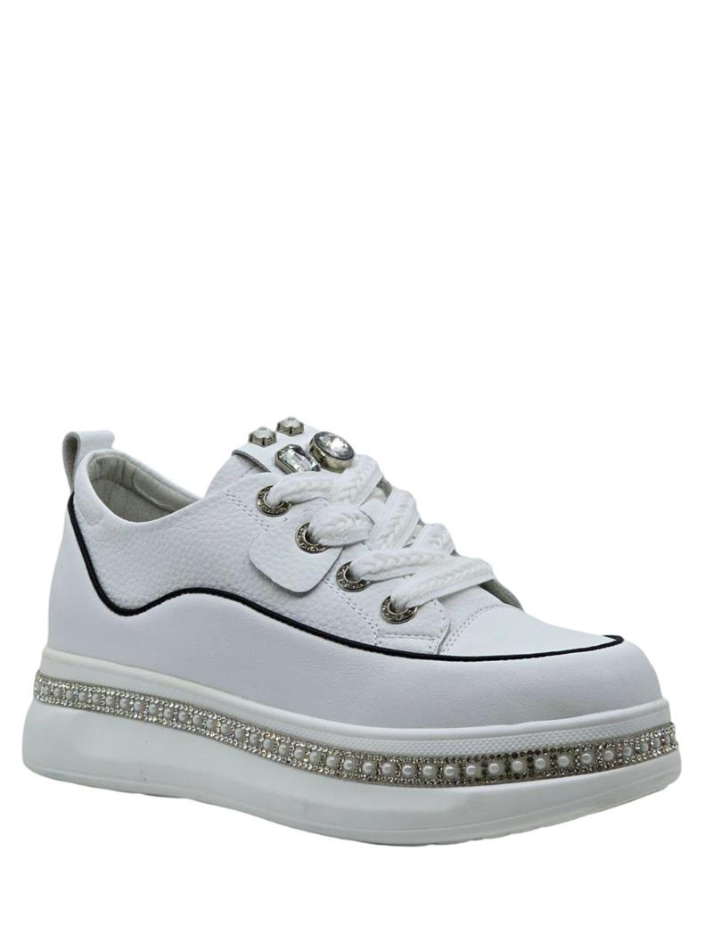 Guja 24K308-1 Hakiki Deri Eva Taban Taş Detaylı Kadın Sneaker Beyaz
