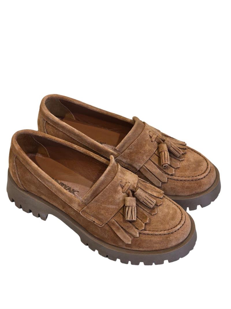 Yalınayak Blbl2840  Hakiki Deri  Püskülü Eva Taban Kadın Loafer Taba Süet
