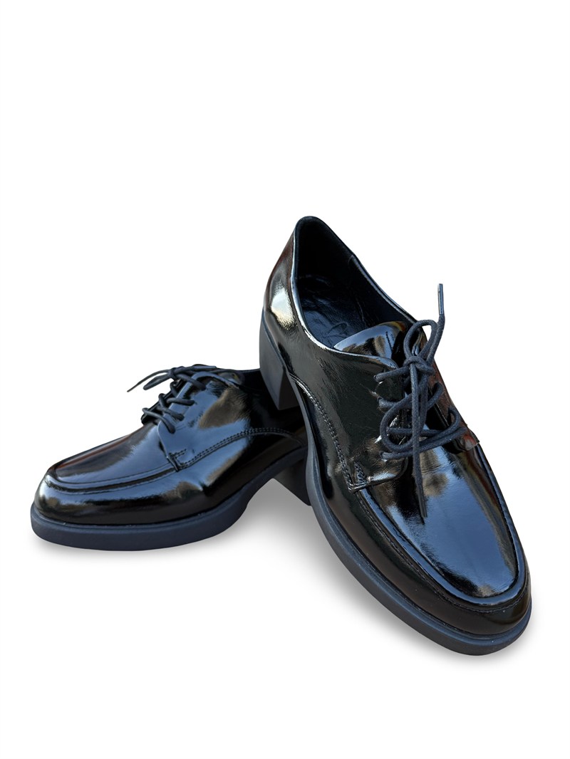 Yalınayak Bty04654 Hakiki Deri Kadın Topuklu Klasik Loafer Ayakkabı Siyah Rugan