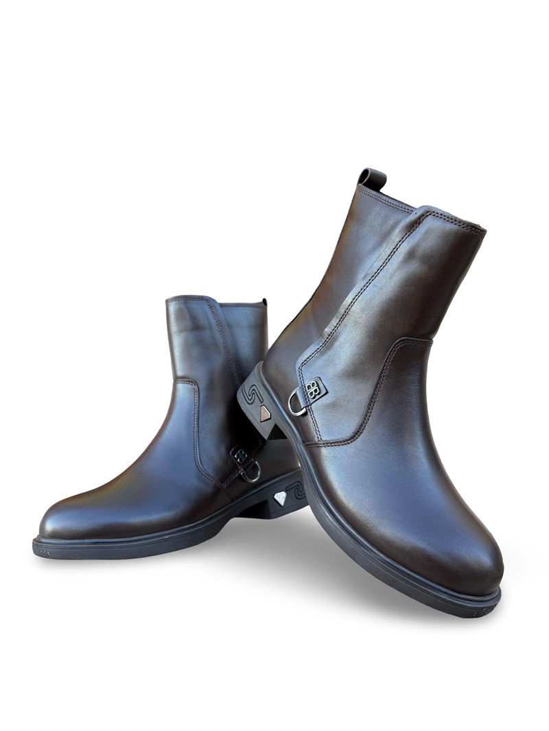 Yalınayak Bty1433450 Hakiki Deri Kadın Düz Taban Bot Kahverengi