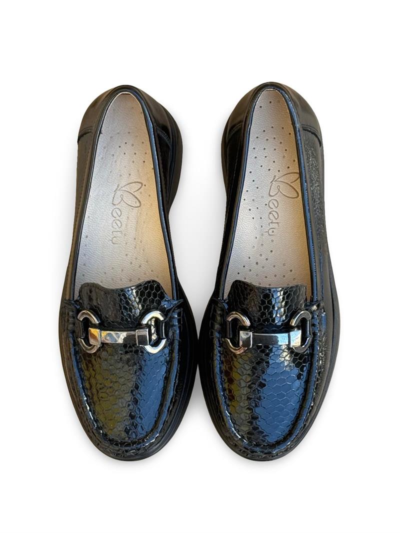 Yalınayak Bty37174 Hakiki Deri Kadın Klasik Loafer Siyah Rugan
