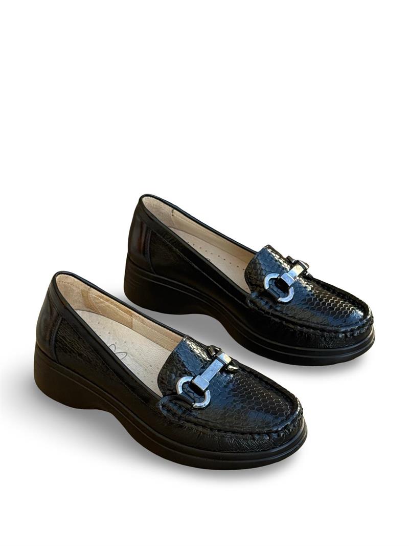 Yalınayak Bty37174 Hakiki Deri Kadın Klasik Loafer Siyah Rugan