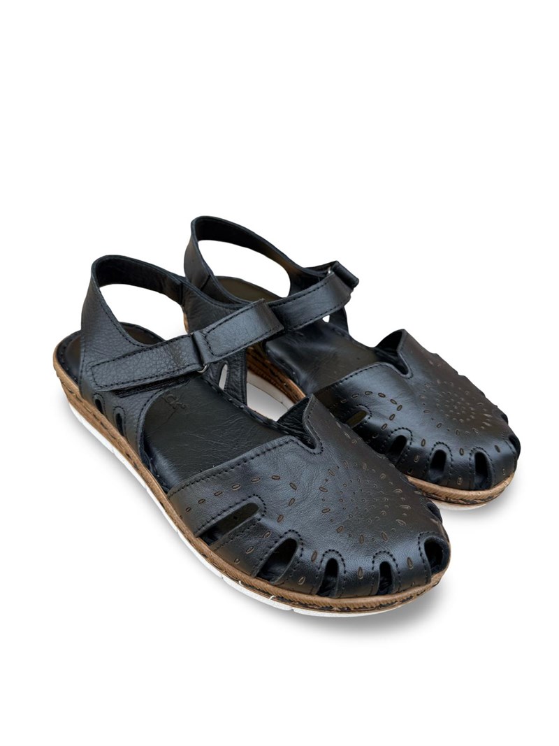 Yalınayak C22380 Hakiki Deri Kadın Comfort Taban Sandalet Siyah