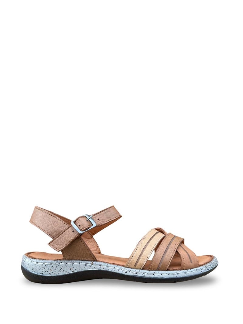 Yalınayak C22382 Hakiki Deri Kadın Comfort Taban Sandalet Taba