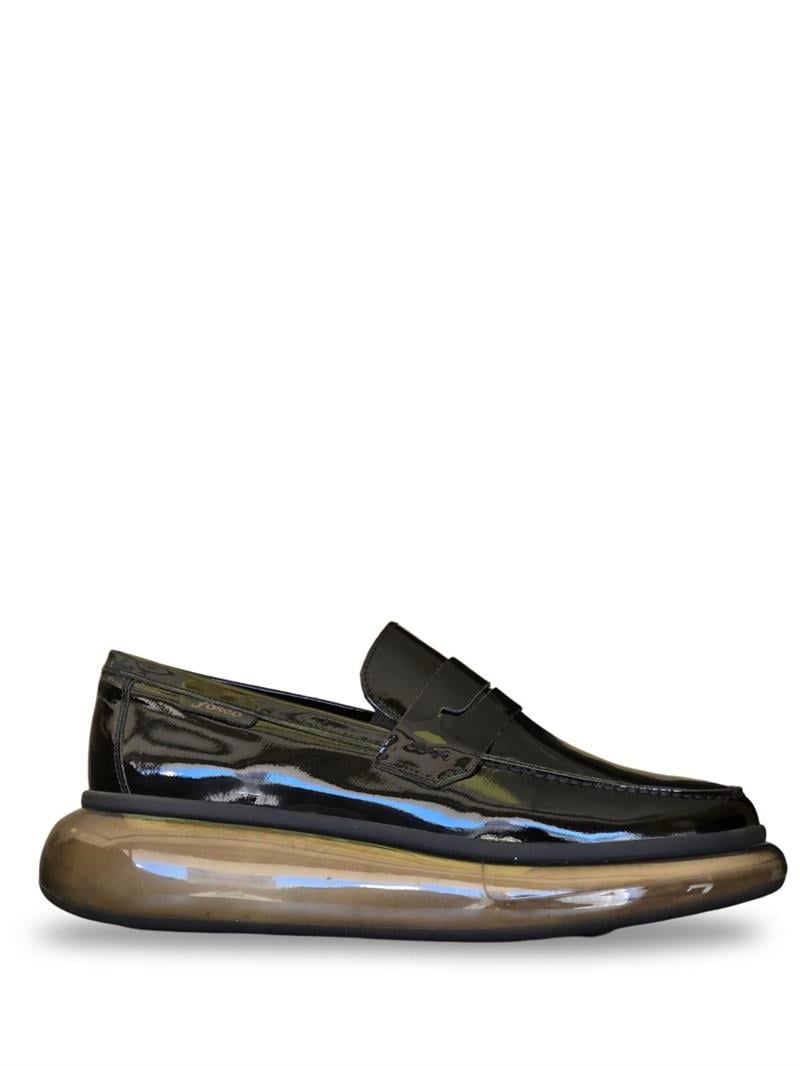 Yalınayak F9837 Hakiki Deri Erkek Şeffaf Tabanlı Babet Siyah Rugan