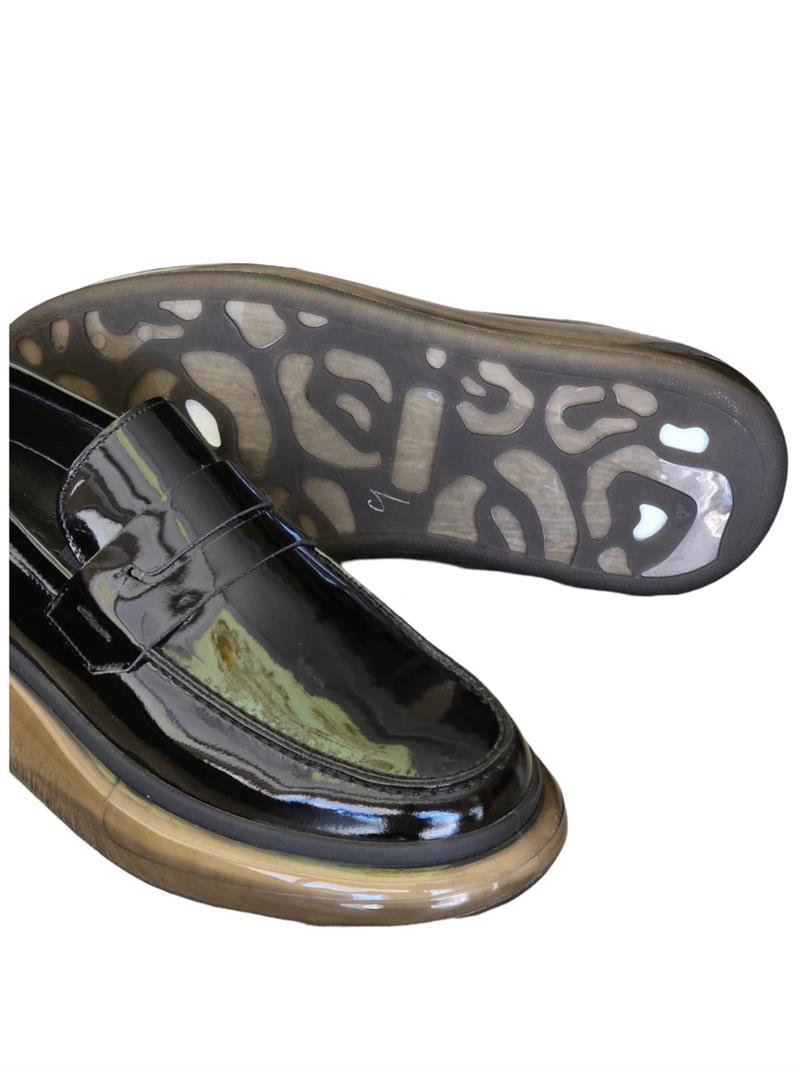 Yalınayak F9837 Hakiki Deri Erkek Şeffaf Tabanlı Babet Siyah Rugan