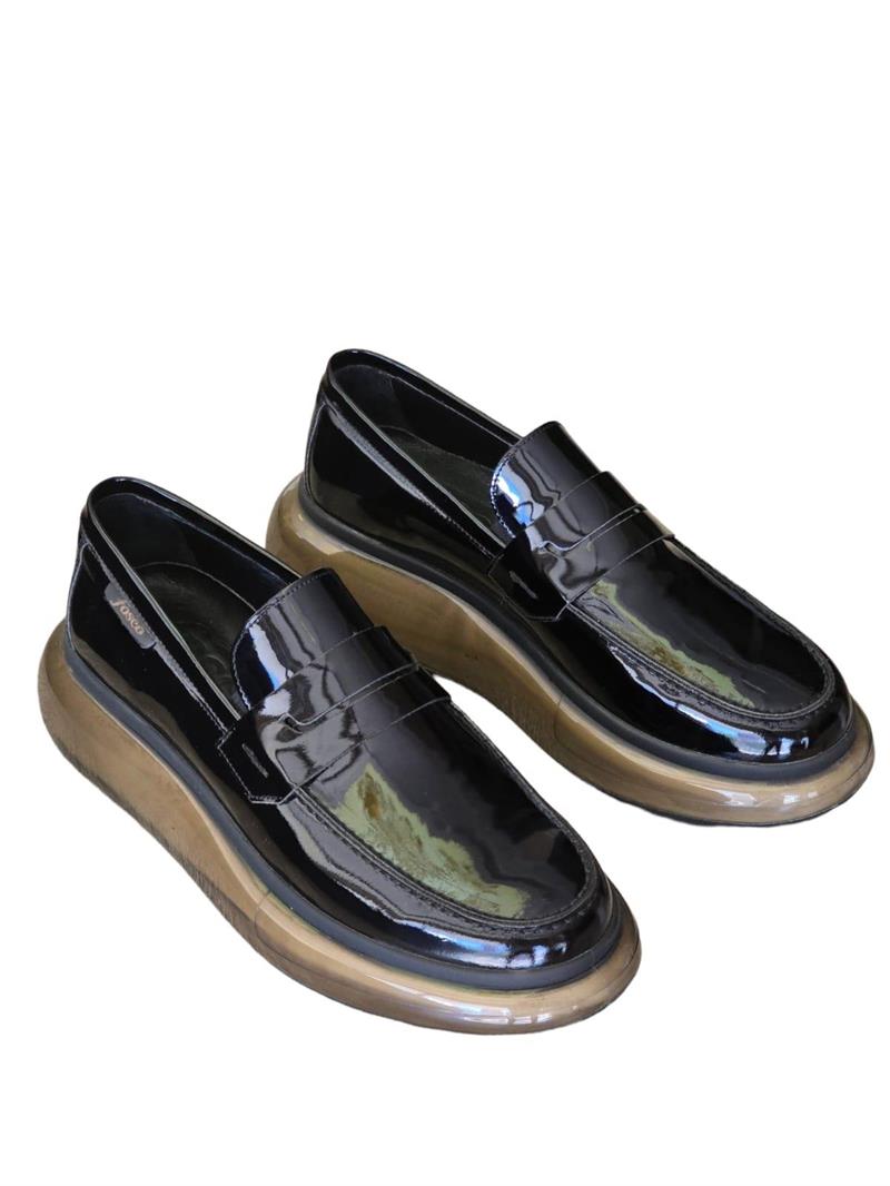 Yalınayak F9837 Hakiki Deri Erkek Şeffaf Tabanlı Babet Siyah Rugan