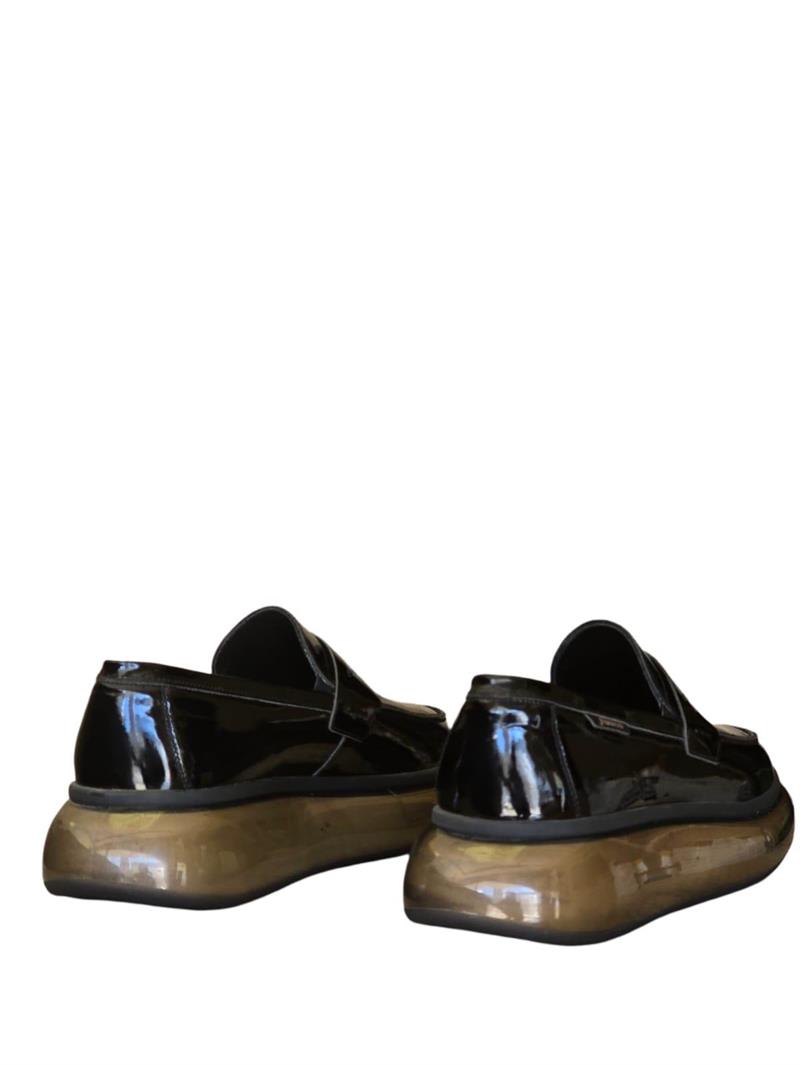 Yalınayak F9837 Hakiki Deri Erkek Şeffaf Tabanlı Babet Siyah Rugan