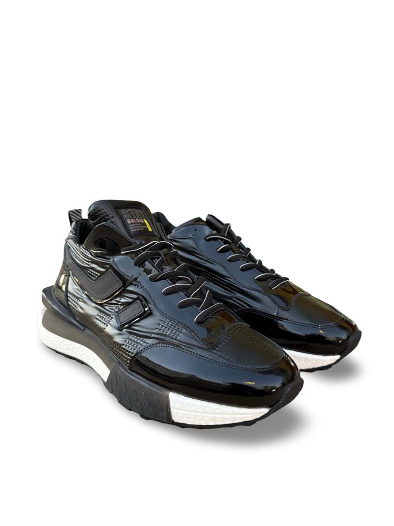 Yalınayak M18344 Hakiki Deri Paraşüt Kumaş Detaylı Erkek Sneaker Siyah Rugan