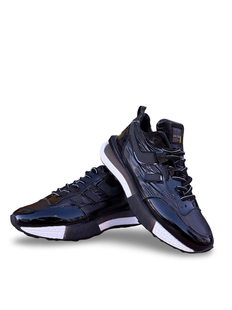 Yalınayak M18344 Hakiki Deri Paraşüt Kumaş Detaylı Erkek Sneaker Siyah Rugan