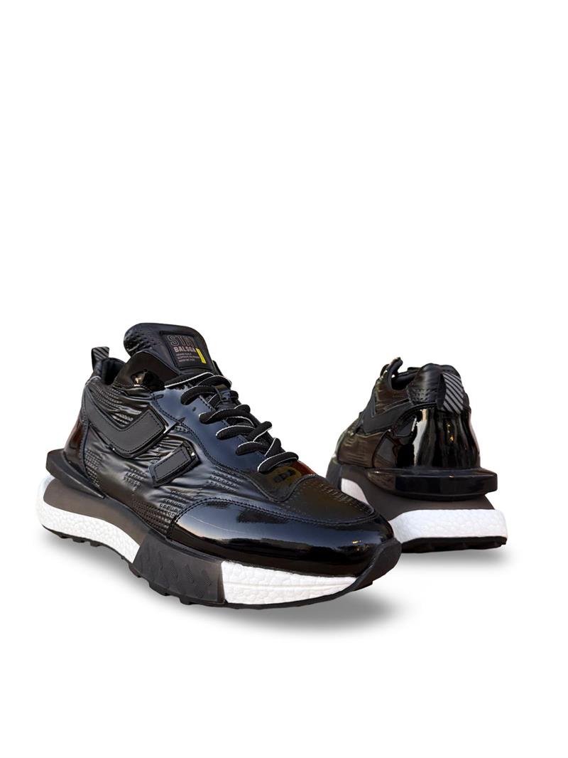 Yalınayak M18344 Hakiki Deri Paraşüt Kumaş Detaylı Erkek Sneaker Siyah Rugan