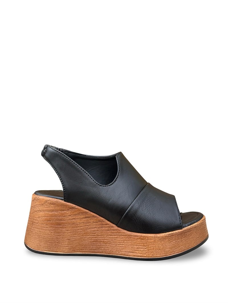 Yalınayak Mrs1449 Hakiki Deri Dolgu Platform Topuk Kadın Sandalet Siyah