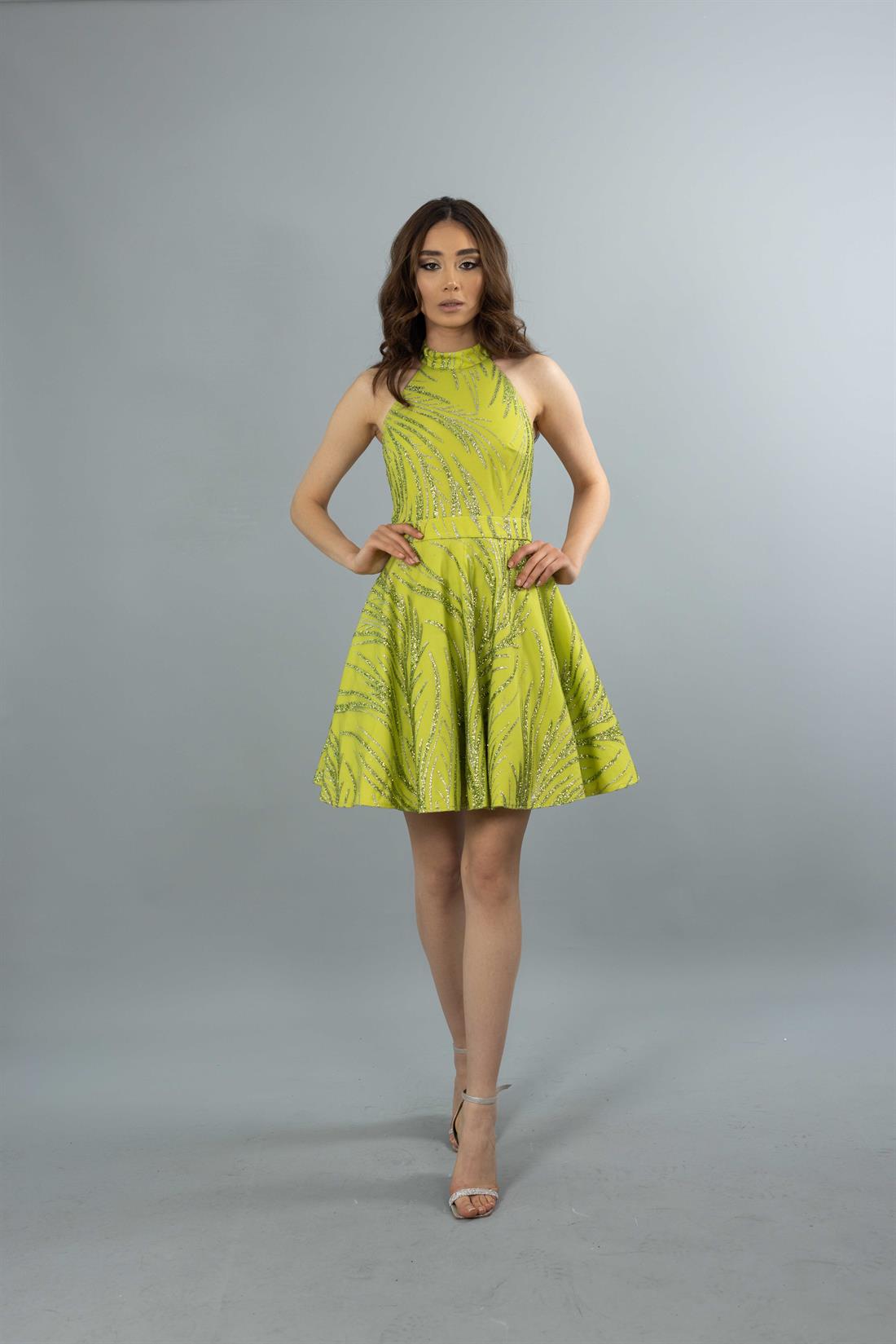 Halter Yaka Sim Desenli Mini Fıstık Yeşili Abiye Elbise