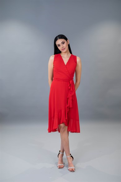 V Yaka Fırfırlı Şifon Kısa Kırmızı Kına Elbisesi