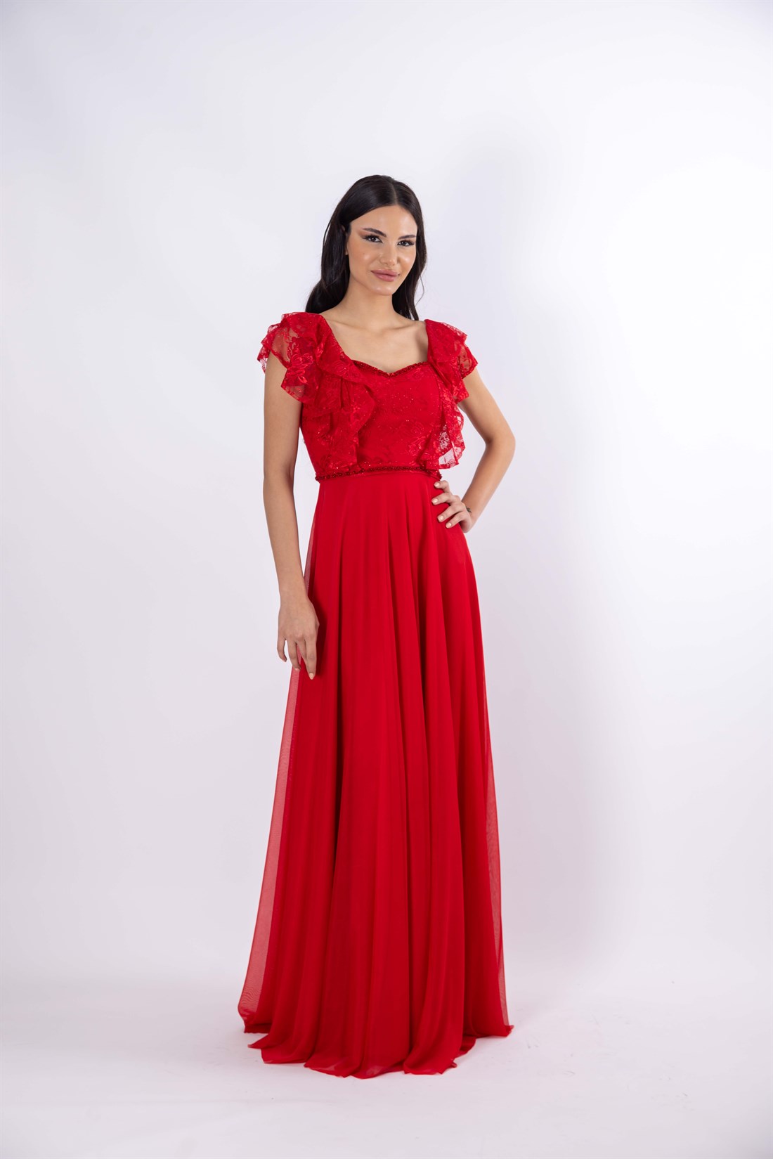 Dantel Askılı Şifon Kumaş Etek Helen Kırmızı Abiye Elbise - egelin