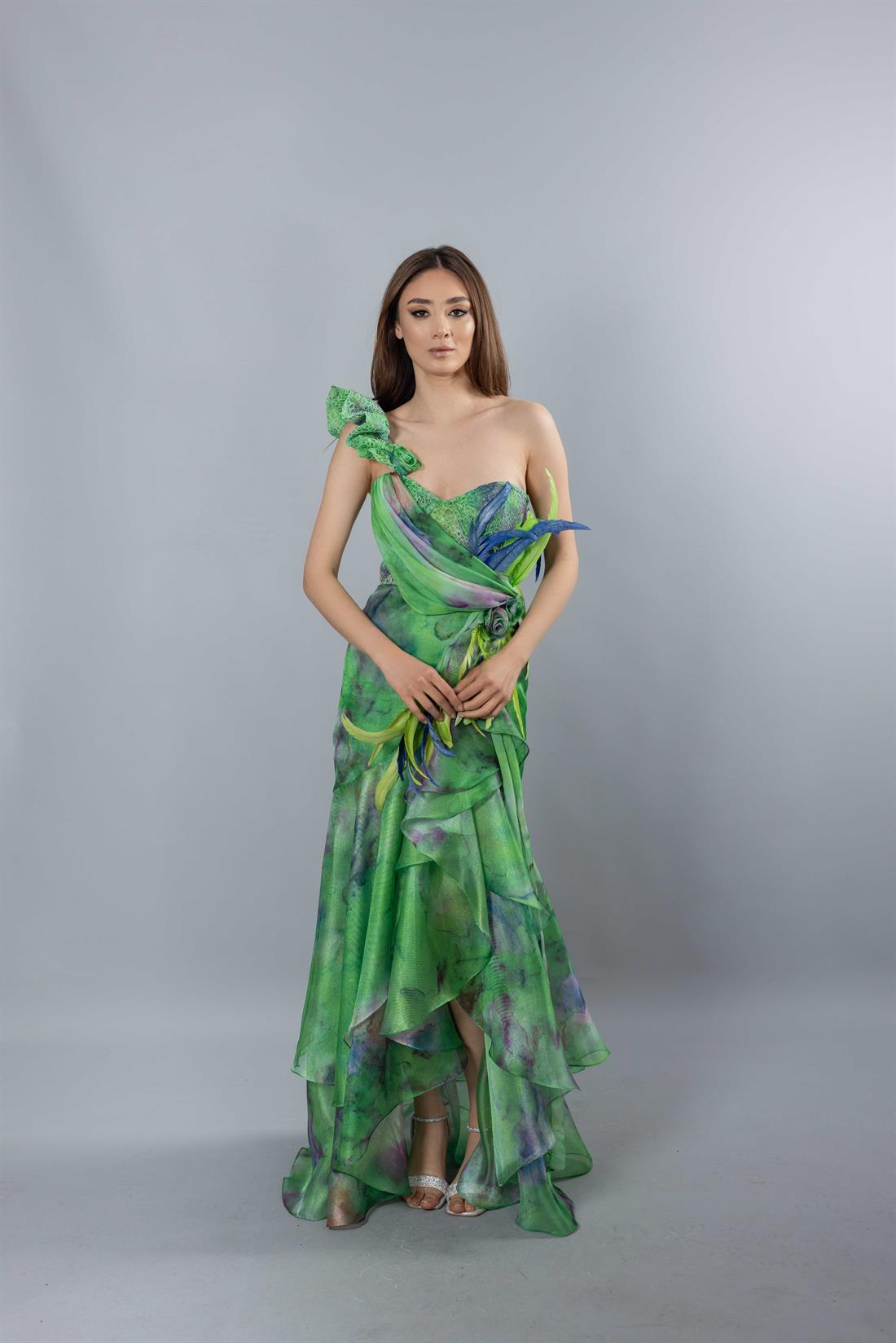 Tek Omuz Fırfırlı Etek Desenli Yeşil Abiye Elbise - egelin