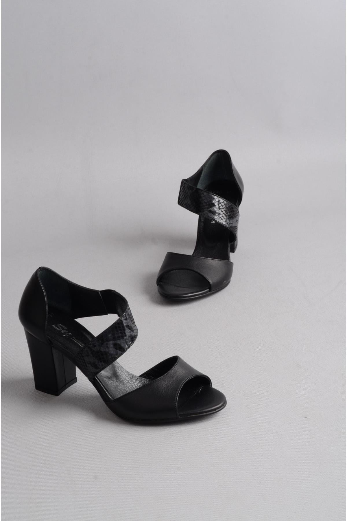 SEÇ 0220 HAKİKİ DERİ TOPUKLU KADIN AYAKKABI (8 cm) SİYAH