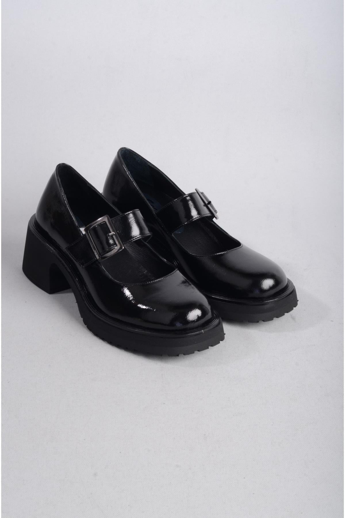 SEÇ 101158 HAKİKİ DERİ PLATFORM TOPUKLU AYAKKABI (Topuk 6cm-Platform 2cm) SİYAH RUGAN