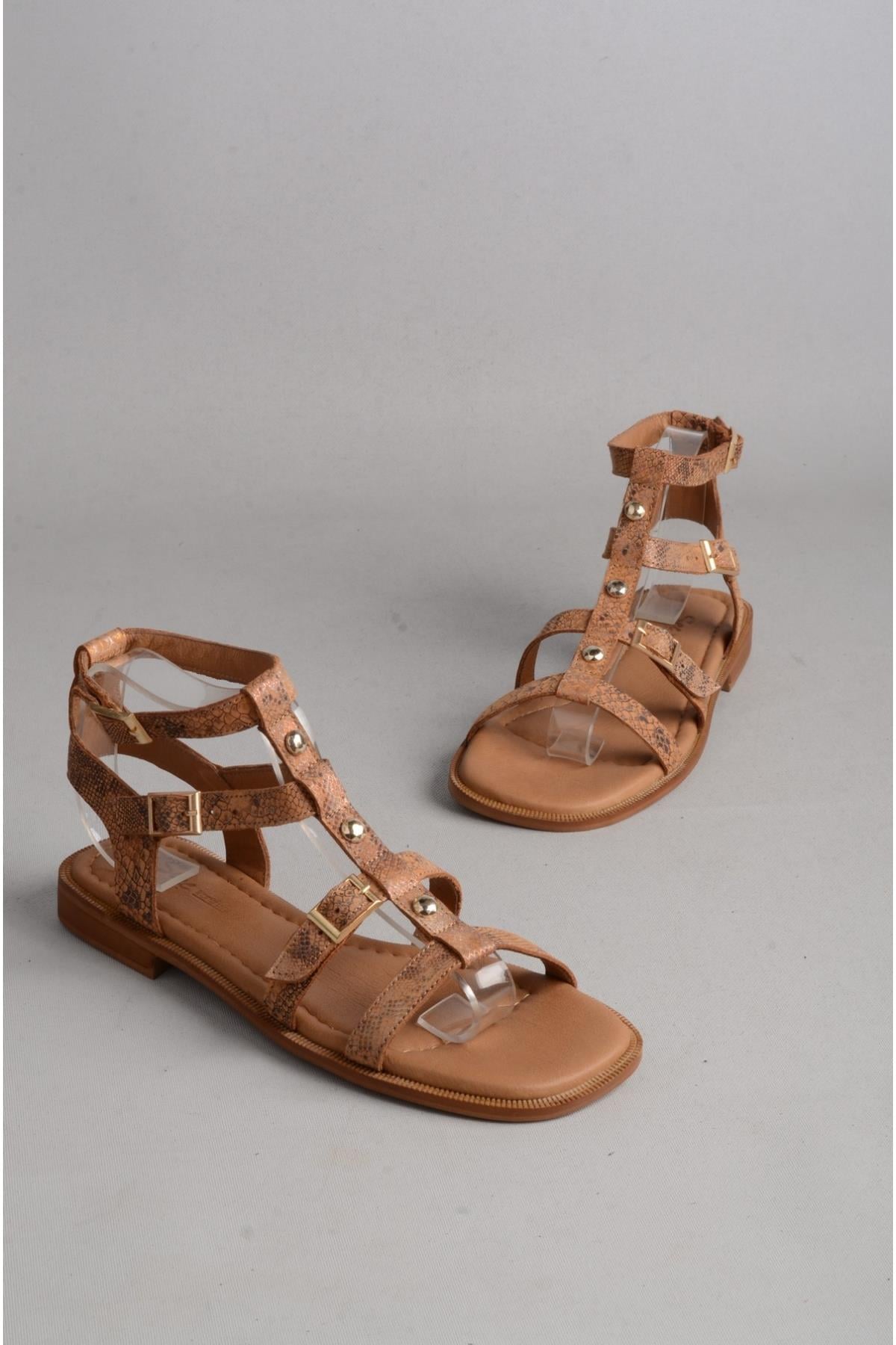 SEÇ 16222 HAKİKİ DERİ KADIN GLADYATÖR SANDALET TABA YILAN