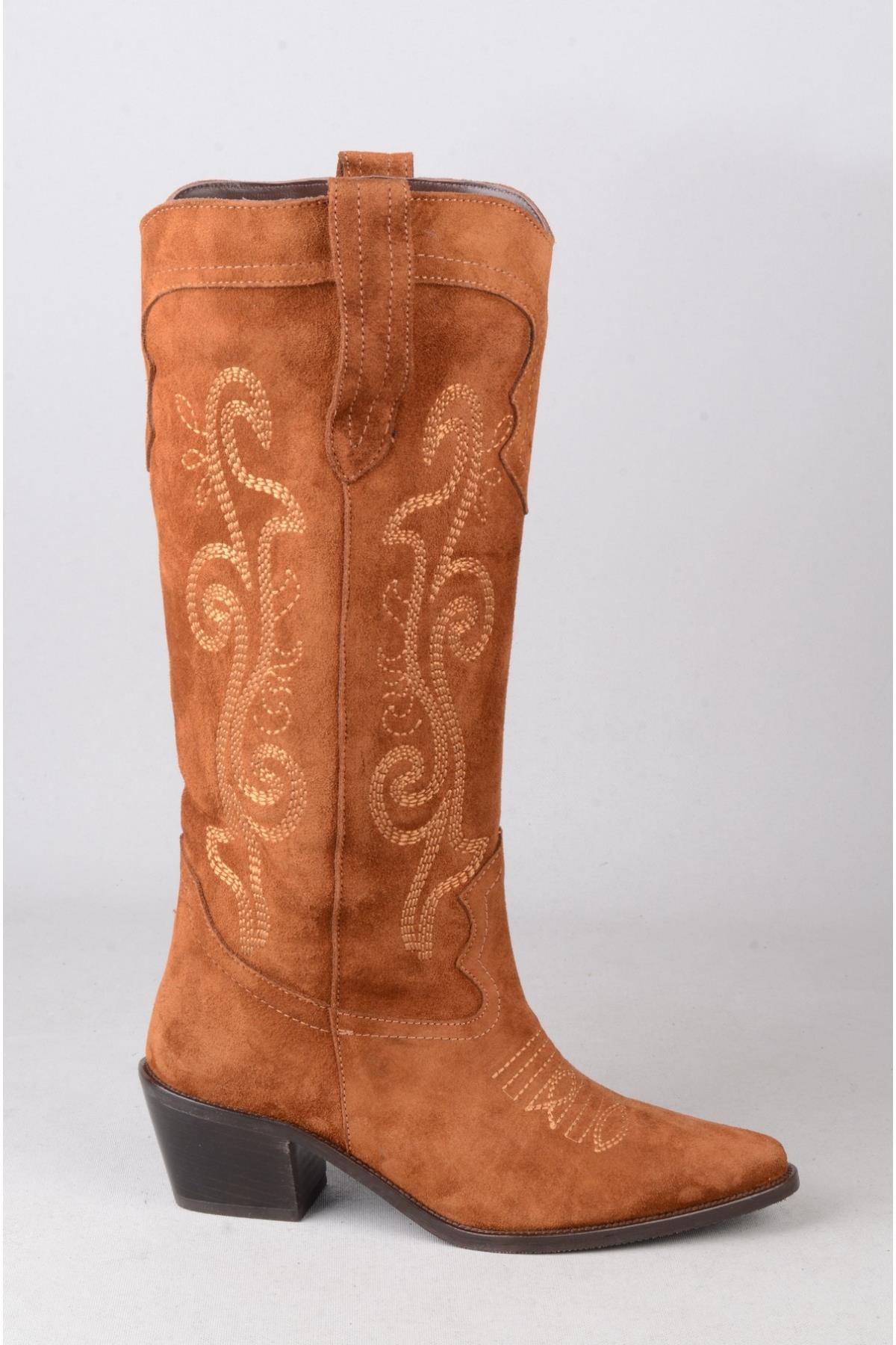 SEÇ 1711 HAKİKİ DERİ WESTERN KADIN ÇİZME (Topuk Boyu:5.5 cm) TABA SÜET