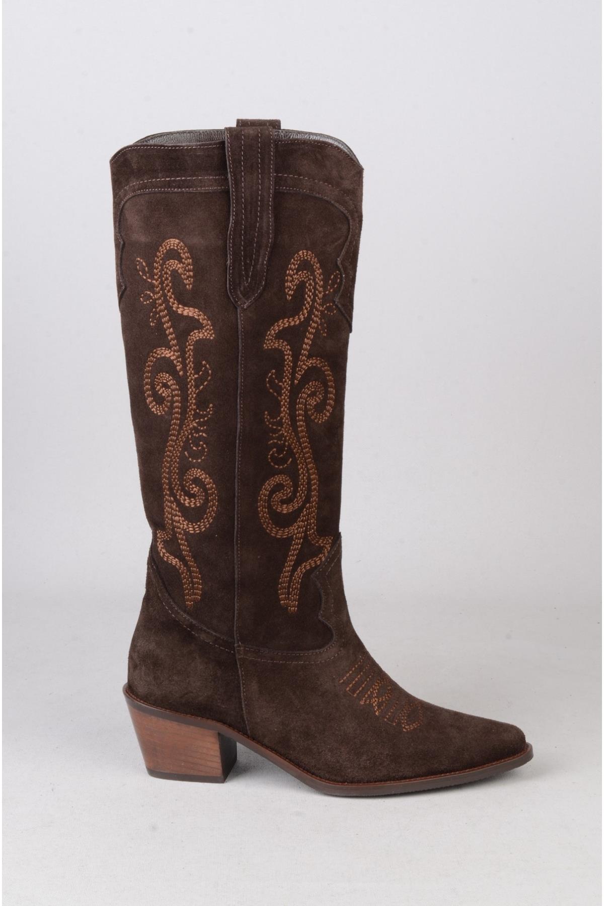 SEÇ 1711 HAKİKİ DERİ WESTERN KADIN ÇİZME (Topuk Boyu:5.5 cm) KAHVE SÜET