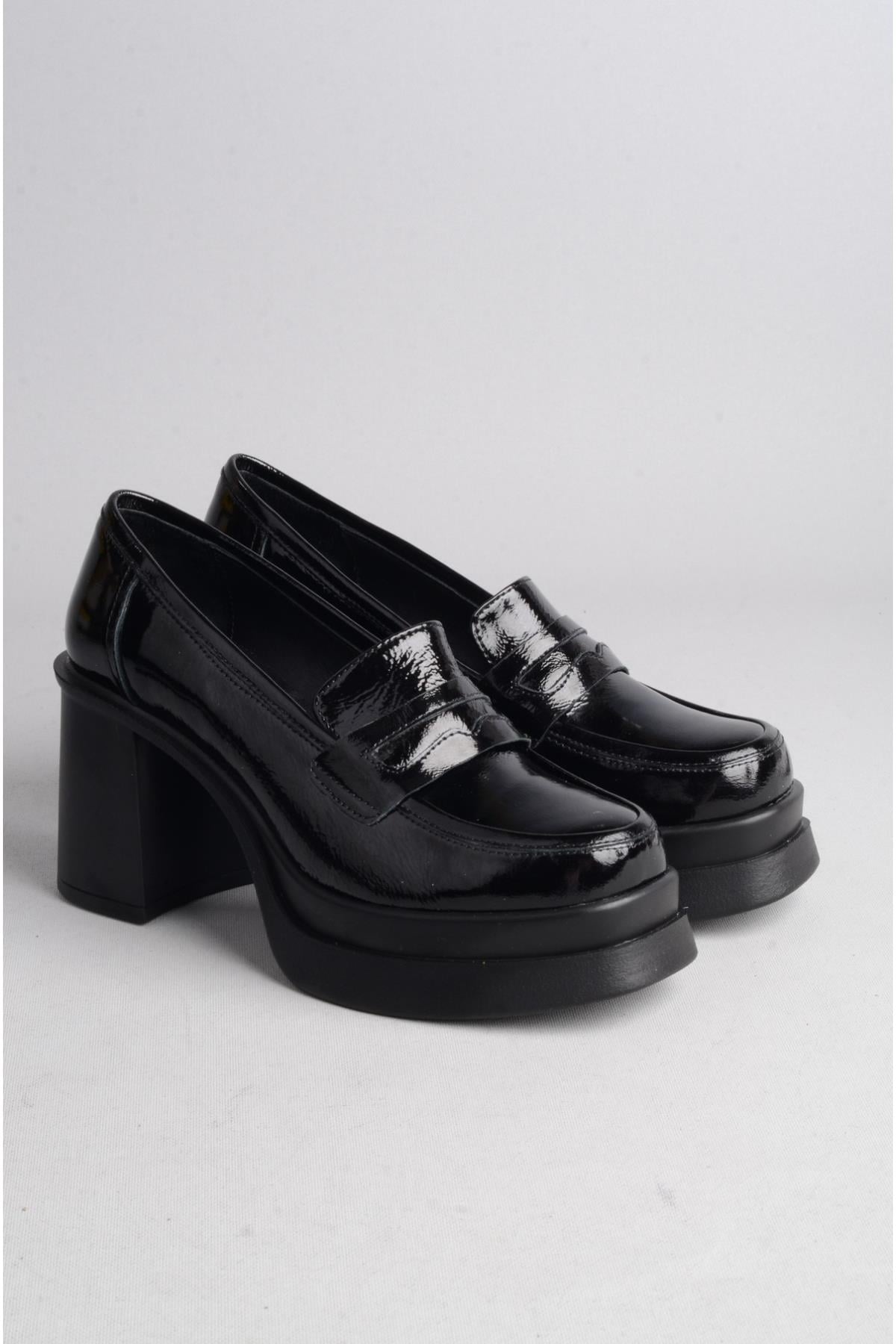 SEÇ 2405 HAKİKİ DERİ PLATFORMLU AYAKKABI (Topuk Boyu:9 cm,Platform:3,5 cm) SİYAH RUGAN