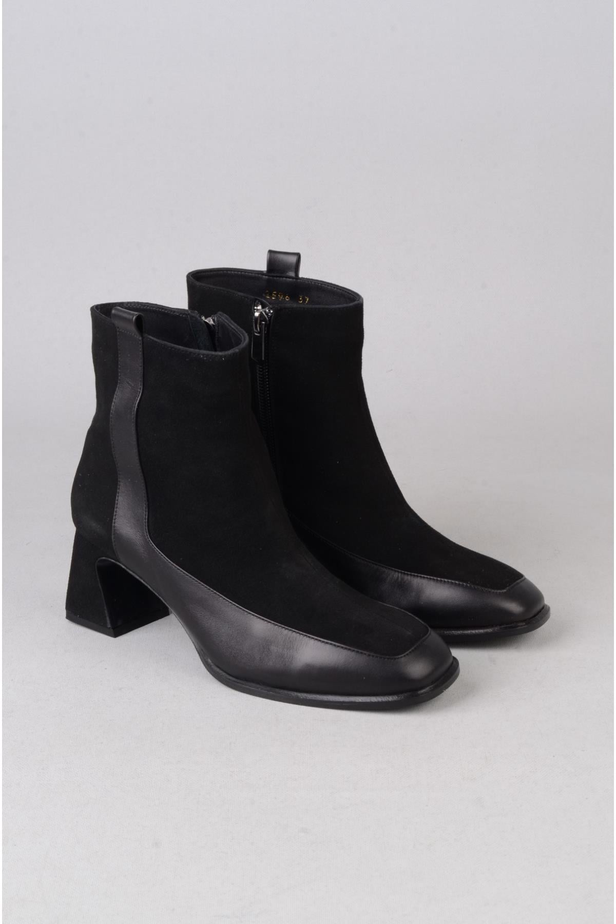 SEÇ 2596 HAKİKİ DERİ TOPUKLU KADIN BOT (Topuk Boyu:6 cm) SİYAH SÜET