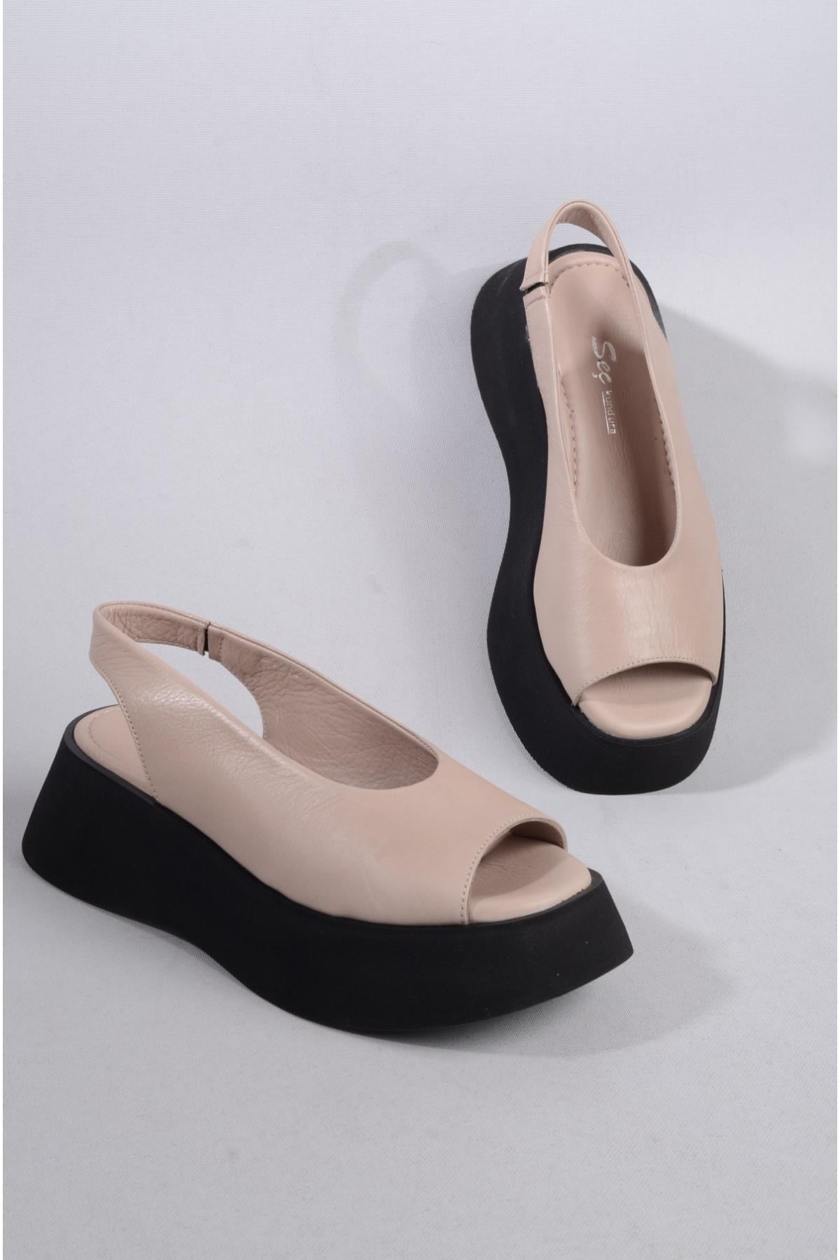 SEÇ 31118 HAKİKİ DERİ KALIN TABANLI SANDALET VİZON
