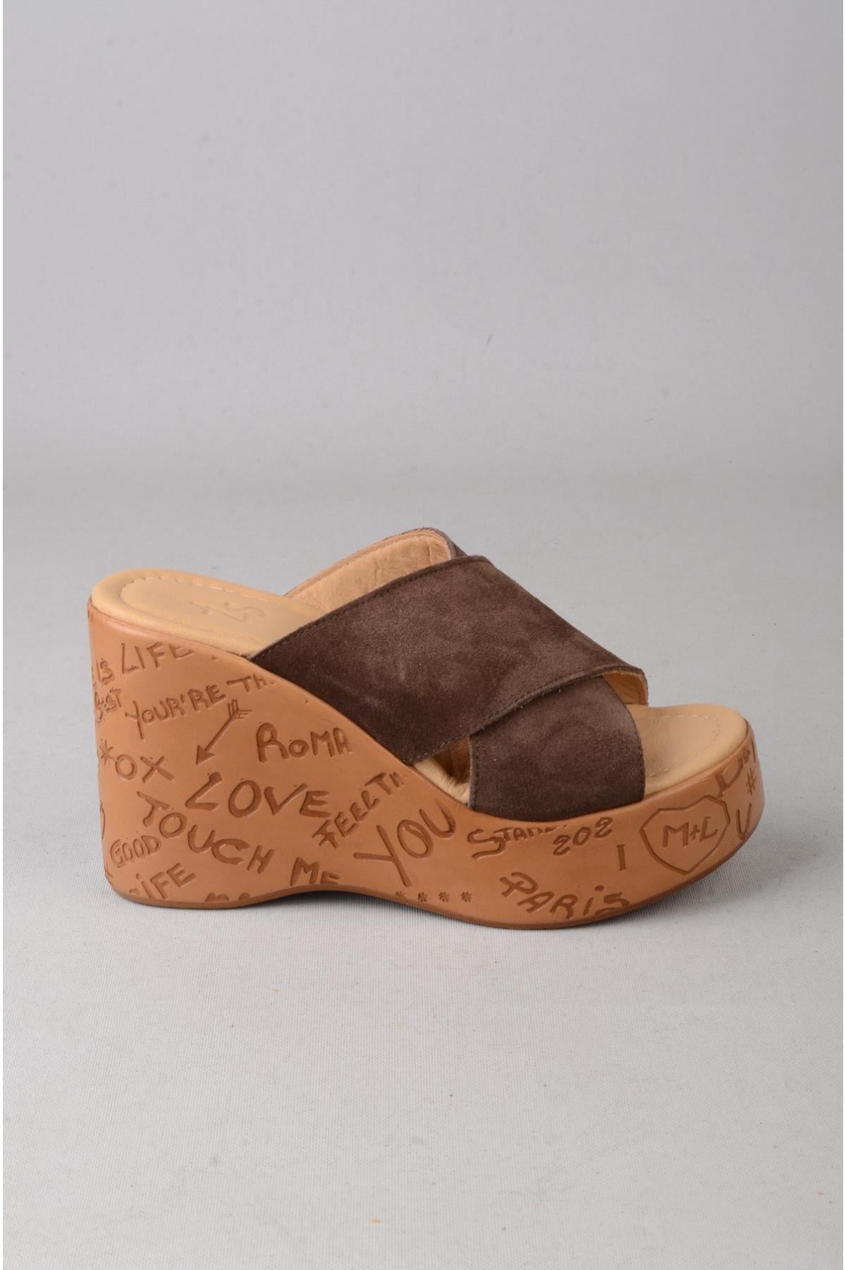 SEÇ 4022 HAKİKİ DERİ DOLGU TOPUK TERLİK (Topuk Boyu:10 cm, Platform: 3,5 cm) KAHVE SÜET