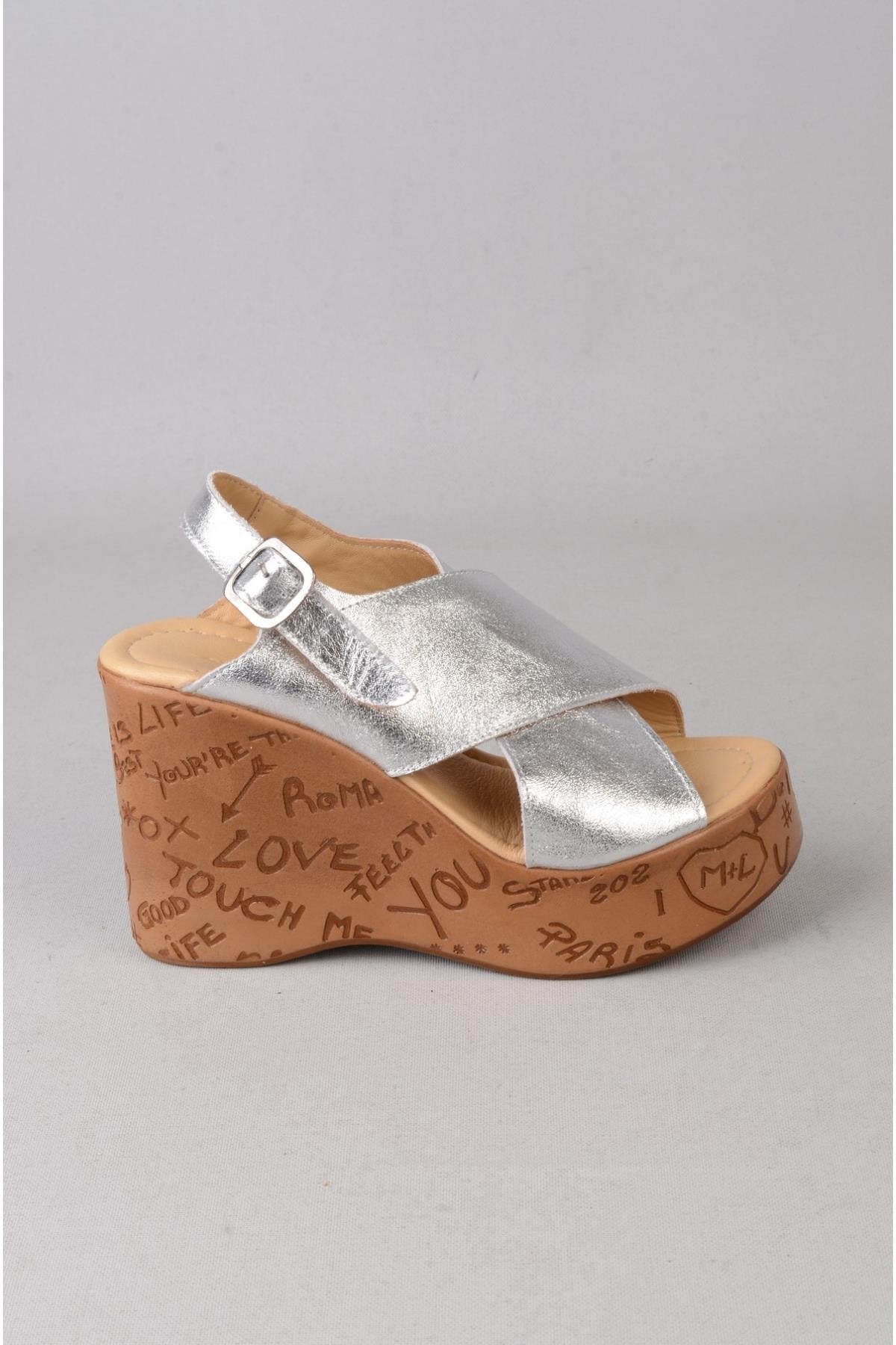 SEÇ 4023 HAKİKİ DERİ DOLGU TOPUK SANDALET (Topuk Boyu:10 cm, Platform: 3,5 cm) GÜMÜŞ