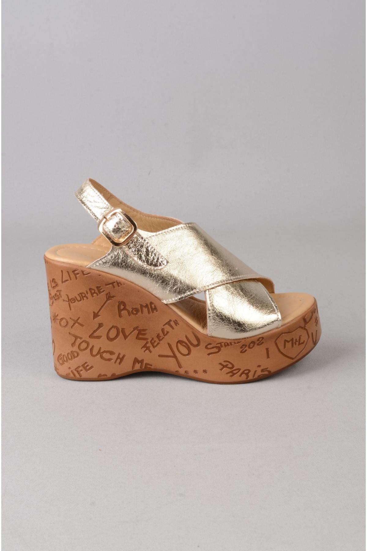 SEÇ 4023 HAKİKİ DERİ DOLGU TOPUK SANDALET (Topuk Boyu:10 cm, Platform: 3,5 cm) ALTIN