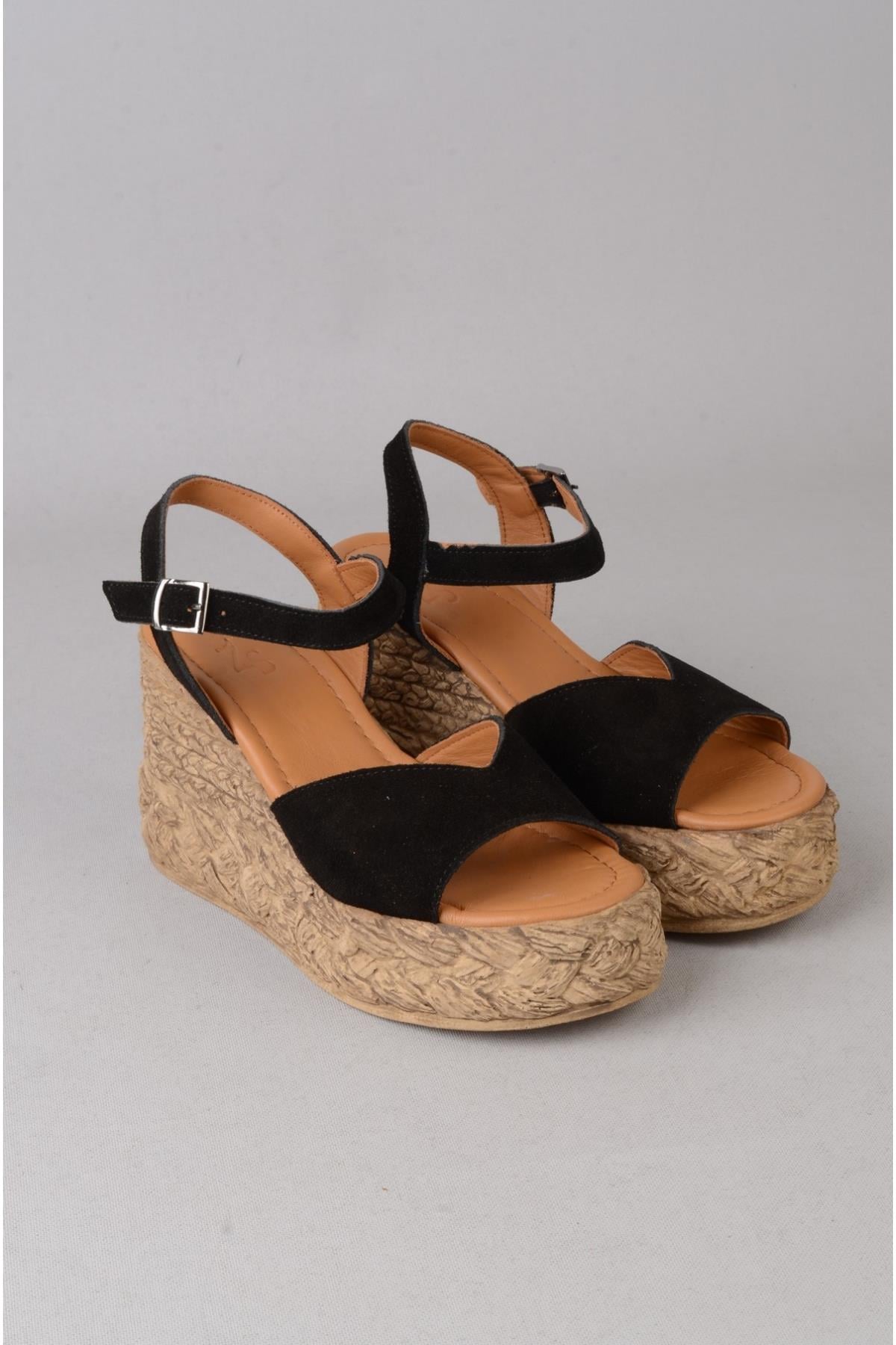 SEÇ 4036 HAKİKİ DERİ DOLGU TOPUK SANDALET (Topuk Boyu:9 cm, Platform: 3 cm) SİYAH SÜET