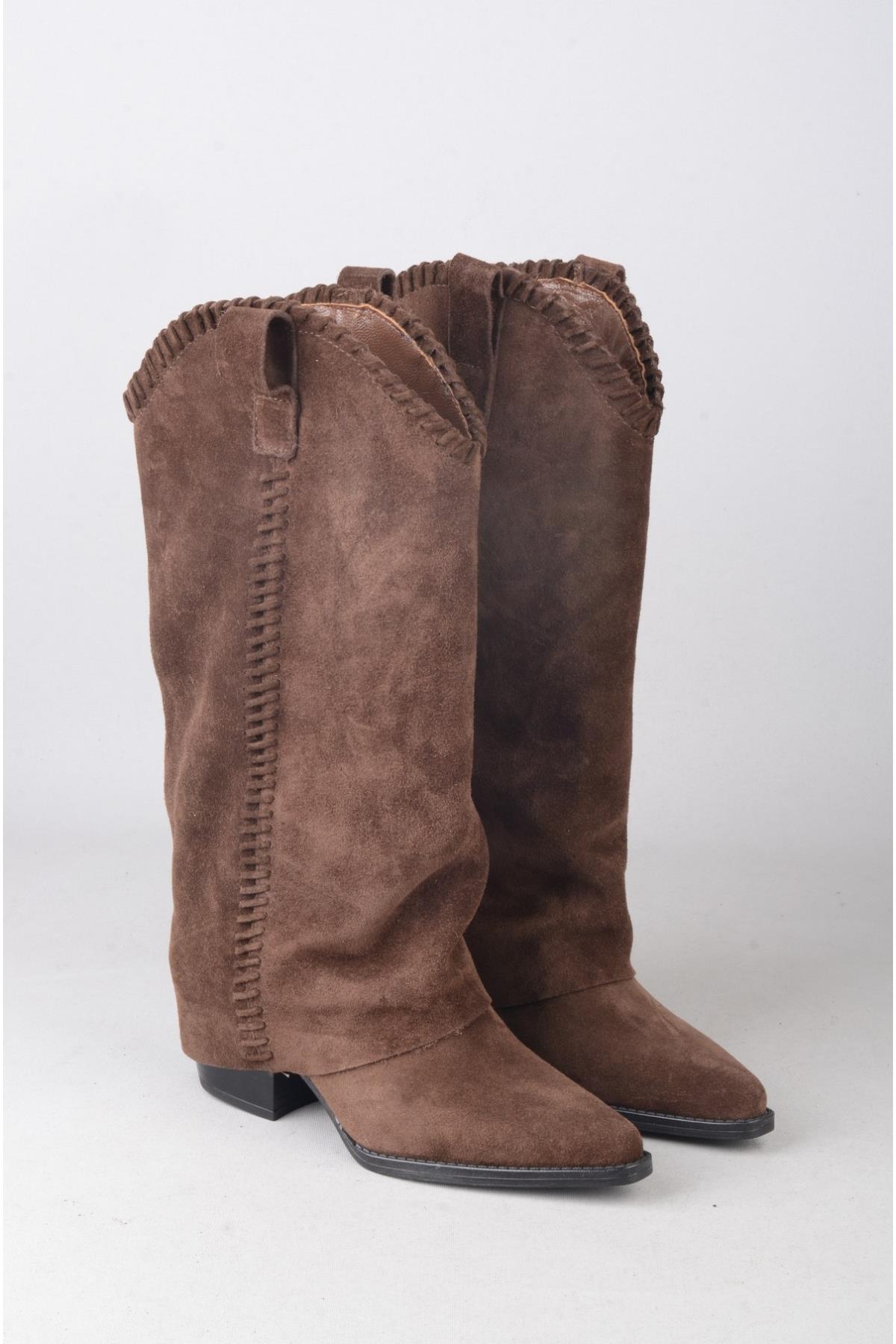 SEÇ 4500 HAKİKİ DERİ WESTERN TOPUKLU ÇİZME (Topuk Boyu:7 cm) KAHVE SÜET